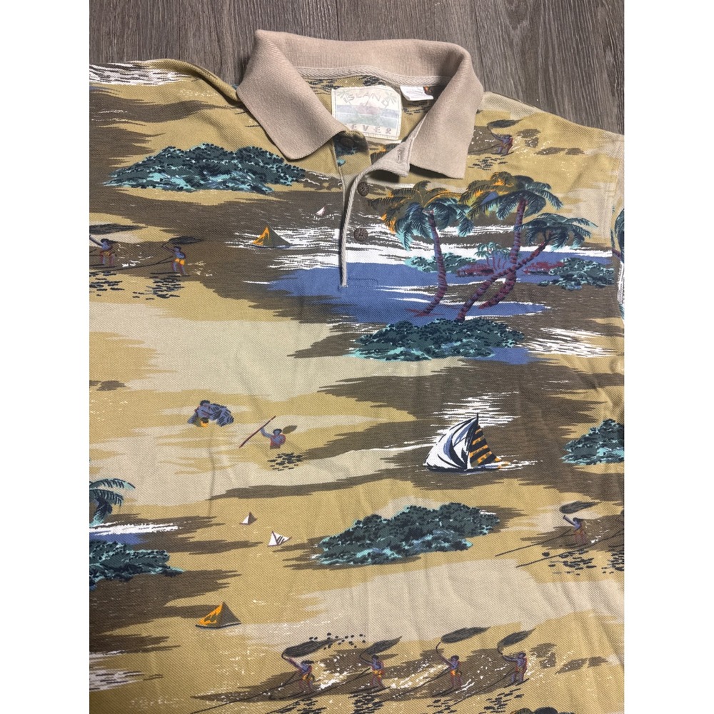 Island Fever Mens Large Vintage Tropical Scenic Print Polo Shirt Tan Made in USA